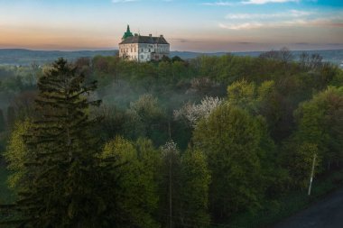 Olesko kalesinin havadan görünüşü. Sisli karanlık havada çok güzel bir kale. Lviv bölgesi, Ukrayna. Turizm, seyahat.