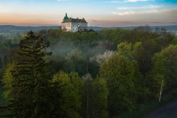 Vista Aérea Castelo Olesko Castelo Muito Bonito Nevoeiro Tempo Escuro — Fotografia de Stock