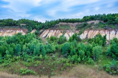 Colorful clay hills overgrown with green trees. Natural abstract landscape, aerial view, from drone