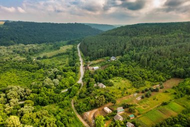 Aerial view, forests, fields, mountains, in Ukraine, summer.