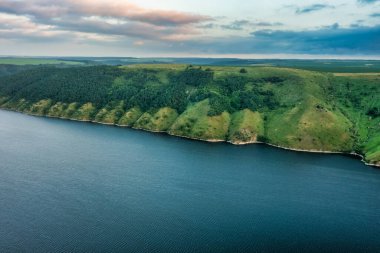 Beautiful landscape aerial view, sunset on the Dniester river, Bakota Ukraine.