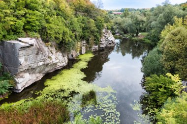 Amazing aerial view of Buky canyon on a sunny day. Buka canyon on the Girsky Tikich river, Cherkasy region, Ukraine. Concept, travel outdoor recreation