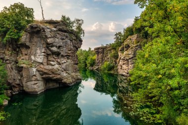 Amazing aerial view of Buky canyon on a sunny day. Buka canyon on the Girsky Tikich river, Cherkasy region, Ukraine. Concept, travel outdoor recreation