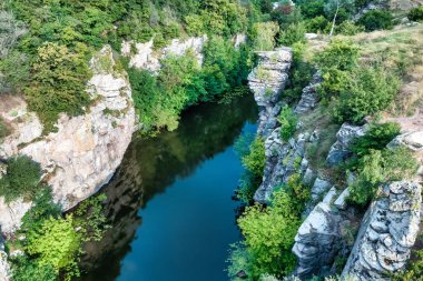 Amazing aerial view of Buky canyon on a sunny day. Buka canyon on the Girsky Tikich river, Cherkasy region, Ukraine. Concept, travel outdoor recreation