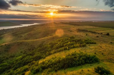 Aerial view, forests, mountains in Ukraine in summer, fog and dawn. Travel concept, weekend vacation