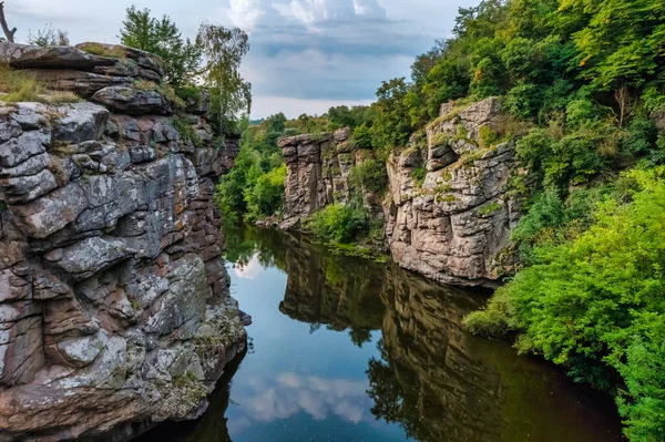 Amazing aerial view of Buky canyon on a sunny day. Buka canyon on the Girsky Tikich river, Cherkasy region, Ukraine. Concept, travel outdoor recreation