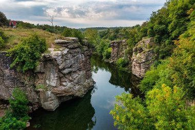 Amazing aerial view of Buky canyon on a sunny day. Buka canyon on the Girsky Tikich river, Cherkasy region, Ukraine. Concept, travel outdoor recreation