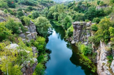 Amazing aerial view of Buky canyon on a sunny day. Buka canyon on the Girsky Tikich river, Cherkasy region, Ukraine. Concept, travel outdoor recreation