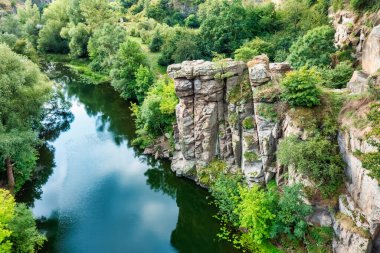 Amazing aerial view of Buky canyon on a sunny day. Buka canyon on the Girsky Tikich river, Cherkasy region, Ukraine. Concept, travel outdoor recreation