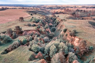 Ukrayna 'nın Vasylkiv, Ukrayna yakınlarındaki Ukrayna' da yeşil çimlerle kaplı yamaçlar. Hava görünümü