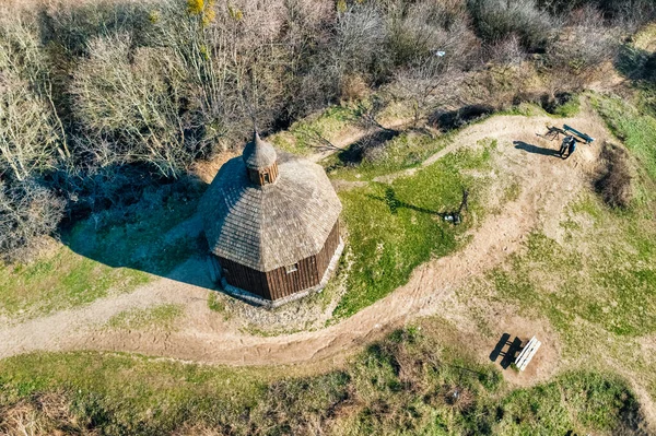 Holzkirche Ufer Des Dnjepr Witatschow Ukraine Luftaufnahme — Stockfoto