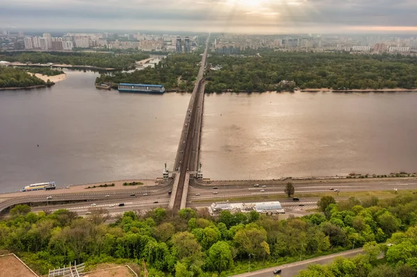 Flygfoto Patonbron Kiev Ukraina Gryningen Vacker Natur Avkopplande — Stockfoto