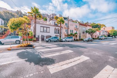 SAN FRANCISCO, CA - October 22, 2021, one of the many streets in the Sunset area, in bright sunny weather, photograph processed in pastel colors.