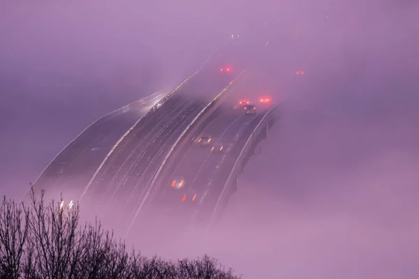 Long Metro Bridge Water Fog Metro Goes Bridge Kyiv Metro — Stock Photo, Image