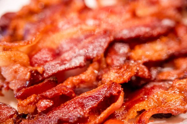 Macro View Appetizing Tasty Fried Crispy Bacon Slices Close Meat — Photo