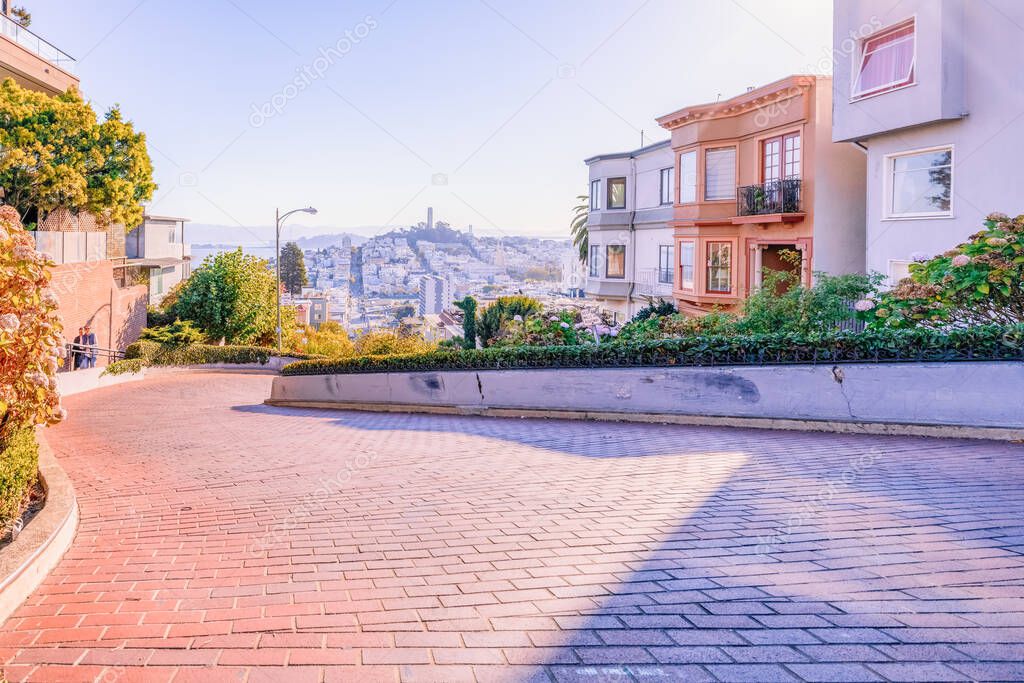 San Francisco, California, USA - October 16, 2021, view of the city, from the top of Lombard street. The photo was processed in pastel colors.