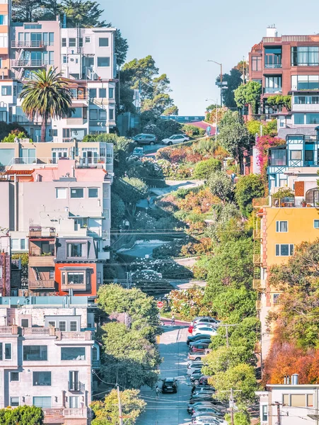 Lombard Street is the most famous winding street in the world, the city of San Francisco, and California, USA. The photo was processed in pastel colors. — Stock Photo, Image