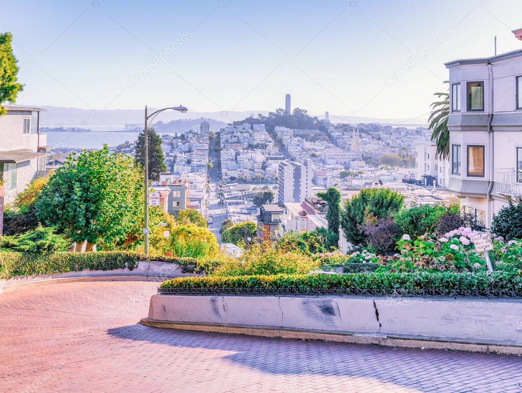 San Francisco, California, USA - October 16, 2021, view of the city from the top of Lombard street. The photo was processed in pastel colors.