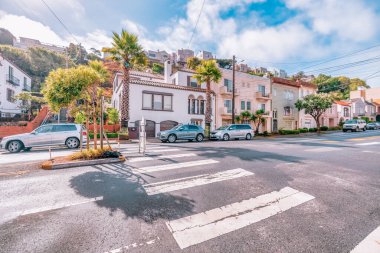 SAN FRANCISCO, CA - October 22, 2021, one of the many streets in the Sunset area, in bright sunny weather, photograph processed in pastel colors.