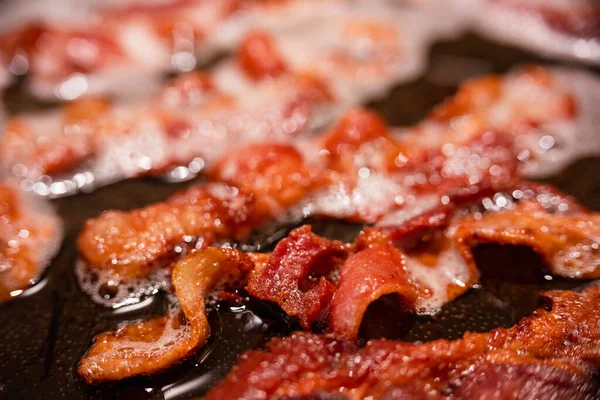 Macro View Appetizing Tasty Bacon Slices Frying Pan Close Fried — Stockfoto