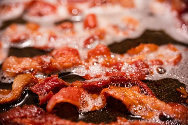 Macro View Appetizing Tasty Bacon Slices Frying Pan Close Fried — Stockfoto
