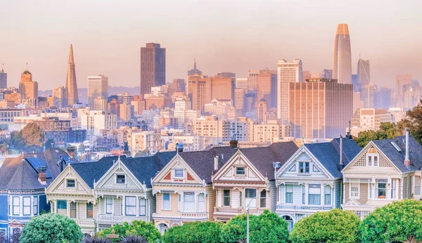 Casas Vitorianas Pintadas Das Senhoras Alamo Square Uma Vista Horizonte — Fotografia de Stock