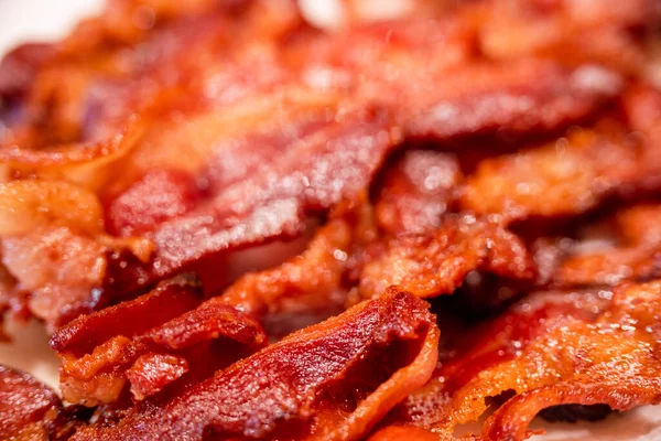 Macro View Appetizing Tasty Fried Crispy Bacon Slices Close Meat — Photo