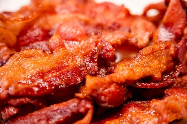 Macro View Appetizing Tasty Fried Crispy Bacon Slices Close Meat — Stockfoto