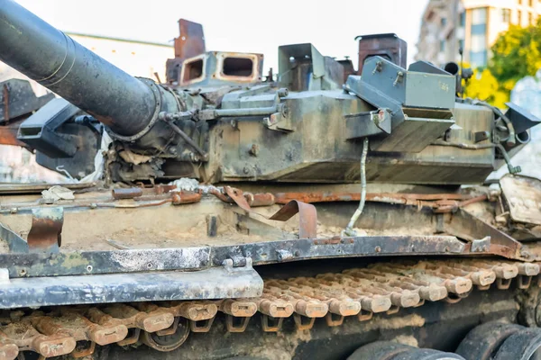 stock image Destroyed Russian military equipment on display, in the center of Kyiv on Mikhailovskaya Square. War in Ukraine, tanks, armored personnel carriers