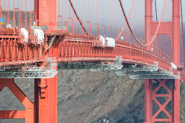 Close up view of the Golden Gate bridge, on a foggy day,California