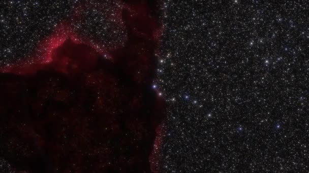 Vesmírná loď letí rychlostí světla skrz červenou mlhovinu ve vesmíru. 3D animace
