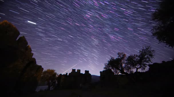 Stary Zamek Nocy Timelapse Ruchomych Szlaków Gwiazd Nocnym Niebie Widok — Wideo stockowe