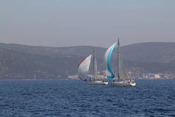 Bodrum Turkiet April 2018 Segelbåtar Seglar Blåsigt Väder Egeiska Havets — Stockfoto