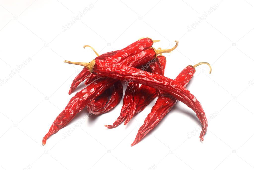 fresh chili peppers on white background,ripe red chili peppers. Top view. Mexican cuisine. Free space for text