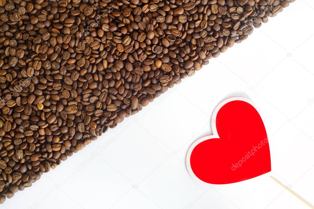 coffee beans stripes isolated in white background. Frame with coffee beans red heart shape on roasted coffee beans background