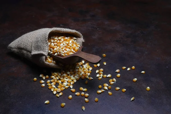 暗い素朴な背景に隔離されたバラップ袋に木製のスクープとコーン 袋の中のトウモロコシの種 ポップコーンのためのドライ非加熱トウモロコシの穀物 — ストック写真