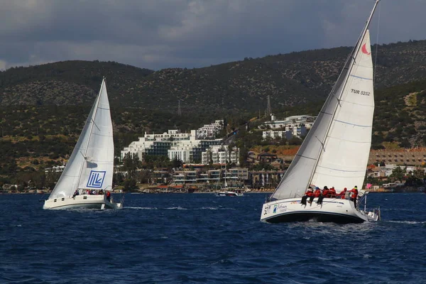 Bodrum Turkey March 2018 Sailboats Sail Windy Weather Blue Waters — Stock Photo, Image