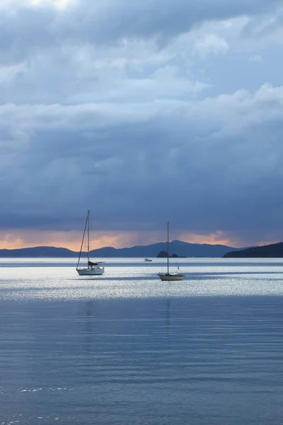 Alone Sailboats Sunset Atmospheric Seascape Reflection —  Fotos de Stock