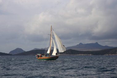 Bodrum, Türkiye, 08 Ocak 2022: Geleneksel Türk teknesi veya Gulet denizde seyrediyor. Ege 'nin Bodrum plajı yakınlarındaki Turistik Yelkenliler. 