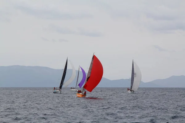 Bodrum Turkey March 2018 Sailboats Sail Windy Weather Blue Waters — стокове фото