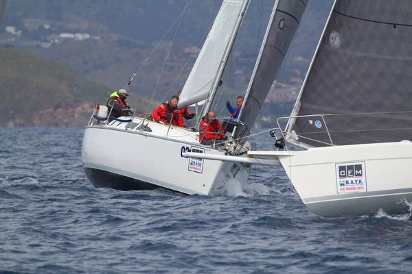 Bodrum Turkey March 2018 Sailboats Sail Windy Weather Blue Waters — стоковое фото