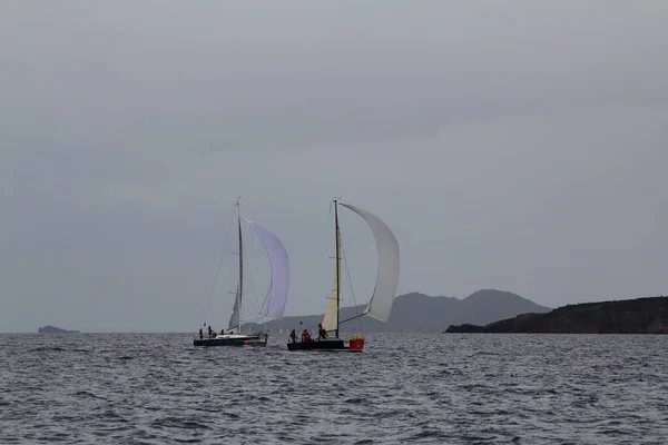 Bodrum Turkey March 2018 Sailboats Sail Windy Weather Blue Waters — стоковое фото