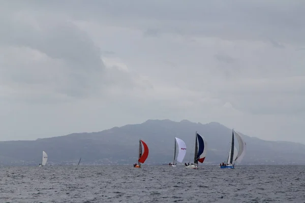 Bodrum Turkey March 2018 Sailboats Sail Windy Weather Blue Waters — стоковое фото