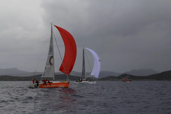 Bodrum Turkey March 2018 Sailboats Sail Windy Weather Blue Waters — Stock fotografie