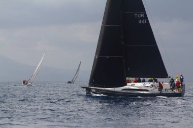 Bodrum, Hindi. 02 Mart 2019: Yelkenliler Ege Denizi 'nin mavi sularında, ünlü tatil beldesi Bodrum' un kıyılarında rüzgarlı havada yelken açıyor.