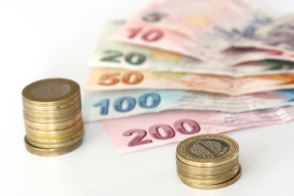 Számos Különböző Török Valuta Líra Bankjegyek Érmék Török Líra Bankjegyek — Stock Fotó