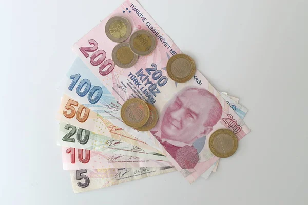 Stelletje Verschillende Turkse Valuta Lira Bankbiljetten Munten Turkse Lira Bankbiljetten — Stockfoto