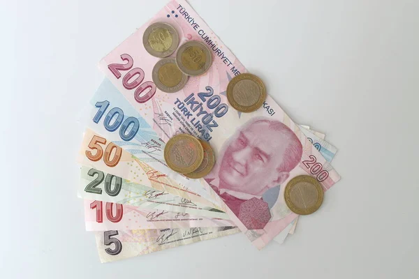 Bündel Verschiedener Türkischer Lira Banknoten Und Münzen Türkische Lira Banknoten — Stockfoto