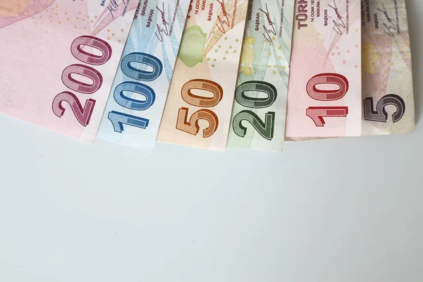 Turks Lirabankbiljetten Van Verschillende Kleur Patroon Waarde Witte Achtergrond — Stockfoto