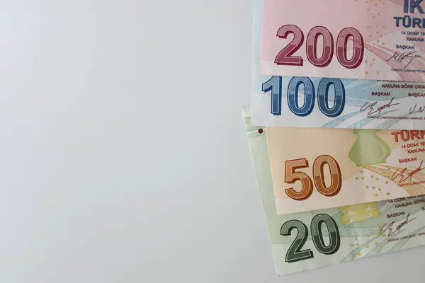 Notas Lira Turca Várias Cores Padrão Valor Sobre Fundo Branco — Fotografia de Stock